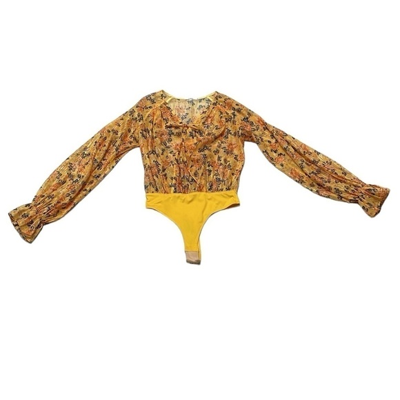 Tularosa Bodysuit Women's X Small XS Yellow Floral Long Sleeve Metallic - Picture 4 of 15